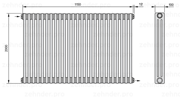 Схема (чертеж) Радиатор Zehnder Charleston 3200/25 №1670 Белый глянцевый RAL 9016
